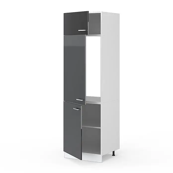 Vicco Schrankküche R-Line Anthrazit Hochglanz - Anthrazit Hochglanz, Kühlumbauschrank 60 cm - Hoher zweifarbiger Schrank mit dunkelgrauen Türen und weißem Rahmen, offenen Fächern, Regalen und Gerätestellplatz.