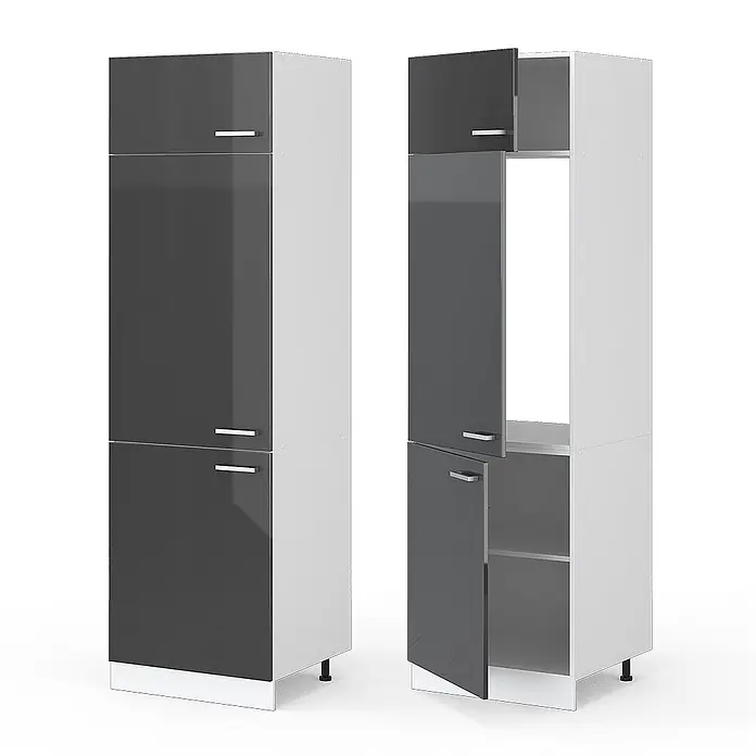 Vicco Schrankküche R-Line Anthrazit Hochglanz - Anthrazit Hochglanz, Kühlumbauschrank 60 cm - Zwei hohe Küchenschränke in Dunkelgrau und Weiß mit glänzenden Türen, einer geschlossen, einer offen mit Stauraum und Gerätenische.