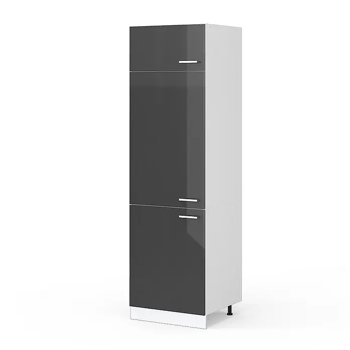 Vicco Schrankküche R-Line Anthrazit Hochglanz - Anthrazit Hochglanz, Kühlumbauschrank 60 cm - Hoher schmaler Schrank mit weißem Korpus und drei dunkelgrauen Hochglanztüren, mit silbernen Griffen.