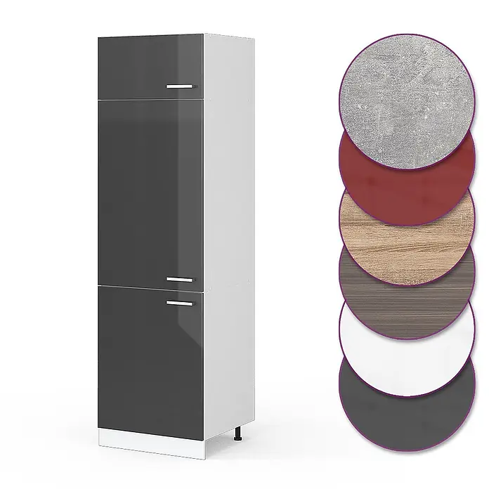 Vicco Schrankküche R-Line Anthrazit Hochglanz - Anthrazit Hochglanz, Kühlumbauschrank 60 cm - Hoher, glänzend dunkelgrauer Hochschrank mit hellgrauem Korpus. Farbmuster zeigen verschiedene Texturen und Farben.