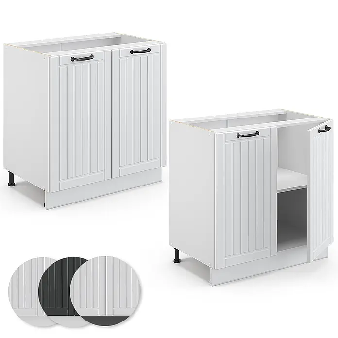 Vicco Schrankküche Fame-Line Weiß Landhaus mit Regal, AP Marmor - Weiß Landhaus, Unterschrank 80 cm, AP Marmor - Weißer Küchenunterschrank mit zwei geriffelten Türen, eine offen, Regalboden sichtbar, schwarzen Griffen und Sockelleiste.