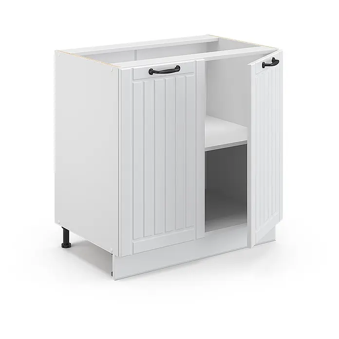 Vicco Schrankküche Fame-Line Weiß Landhaus mit Regal, AP Marmor - Weiß Landhaus, Unterschrank 80 cm, AP Marmor - Weißer Küchenunterschrank mit gerillten Türen, eine offen mit Einlegeboden. Schwarze Griffe, verstellbare Füße.