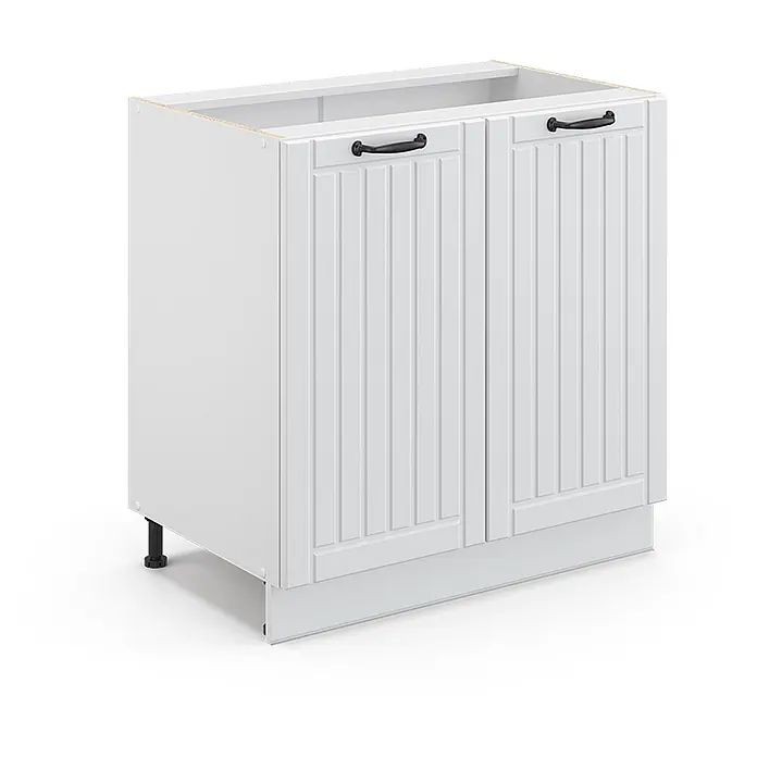 Vicco Schrankküche Fame-Line Weiß Landhaus mit Regal, ohne Arbeitsplatte - Weiß Landhaus, Unterschrank 80 cm - Weißer Küchenunterschrank mit zwei Kassettentüren und schwarzen Griffen. Mit Sockel und verstellbaren Füßen, ideal für die Küche.