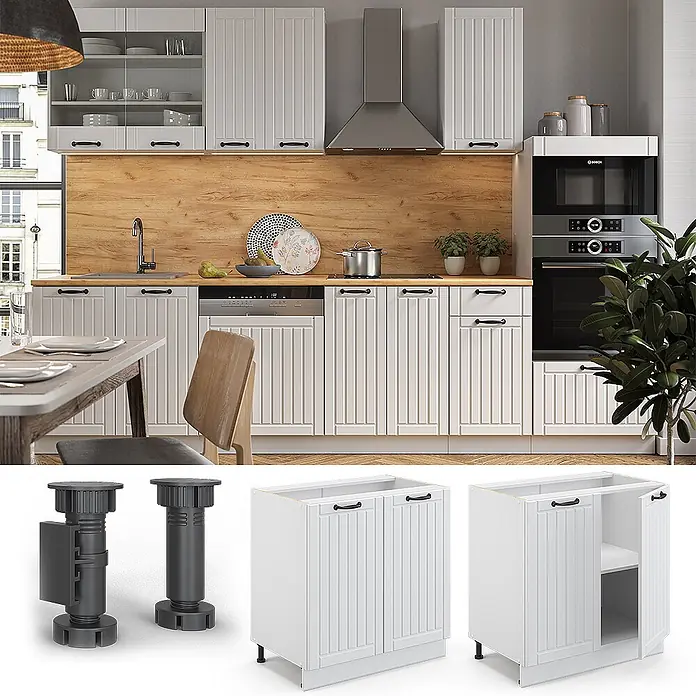 Vicco Schrankküche Fame-Line Weiß Landhaus mit Regal, AP Marmor - Weiß Landhaus, Unterschrank 80 cm, AP Marmor - Weiße vertikal gepaneelte Küchenschränke mit schwarzen Griffen, modular und in Küche installiert, mit verstellbaren Füßen.
