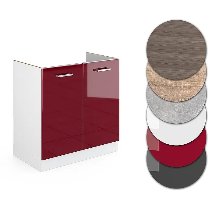 Vicco Schrankküche R-Line Rot Hochglanz, AP Anthrazit - Rot Hochglanz, Spülenunterschrank 80 cm, AP Anthrazit - Weißer Küchenunterschrank mit glänzenden roten Türen und Material-/Farbmustern.