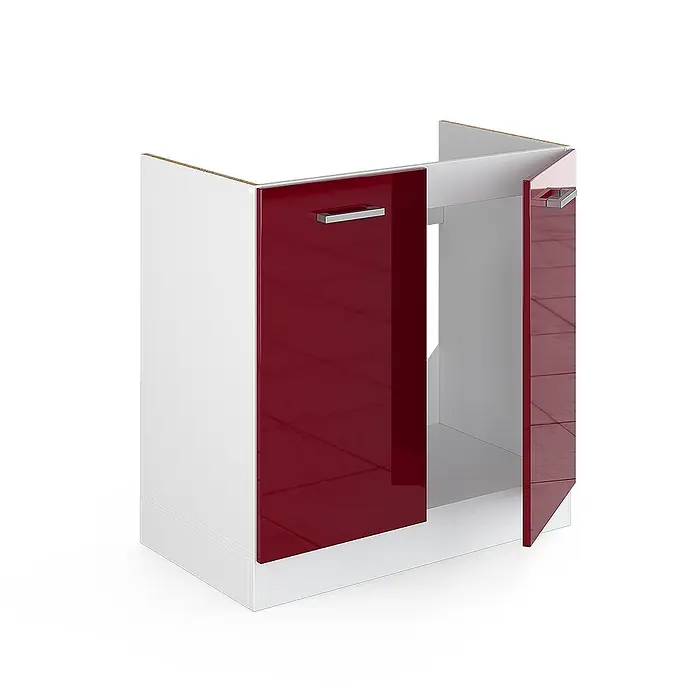 Vicco Schrankküche R-Line Rot Hochglanz, AP Anthrazit - Rot Hochglanz, Spülenunterschrank 80 cm, AP Anthrazit - Weißer Küchenunterschrank mit hochglänzenden roten Türen und Chromgriffen, eine Tür leicht geöffnet.