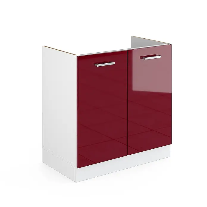 Vicco Schrankküche R-Line Rot Hochglanz ohne Arbeitsplatte - Rot Hochglanz, Spülenunterschrank 80 cm - Weißer Unterschrank mit zwei glänzenden weinroten Türen und silbernen Griffen, mit hinterer Aussparung.