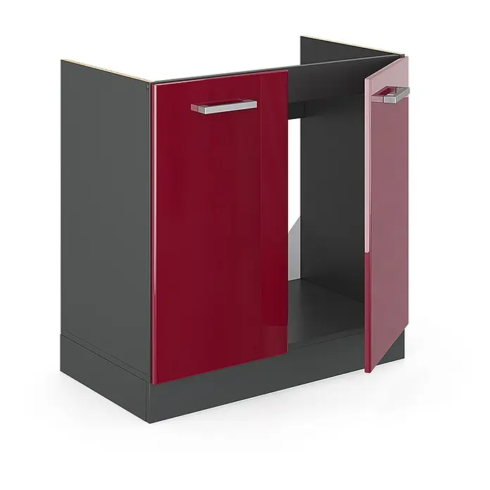 Vicco Schrankküche R-Line Rot Hochglanz AP Marmor - Rot Hochglanz, Spülenunterschrank 80 cm, AP Marmor - Dunkelgrauer Küchenunterschrank mit roten Hochglanztüren, eine offen, eine geschlossen, und silbernen Griffen.