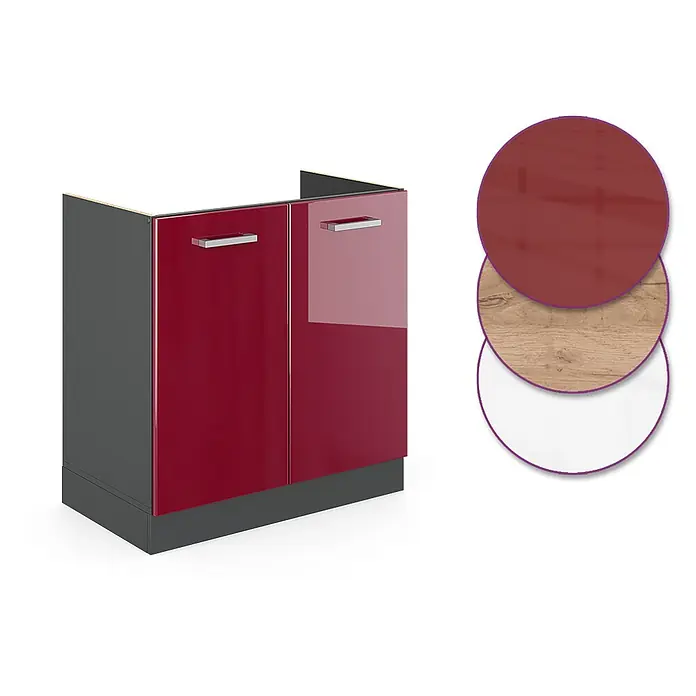 Vicco Schrankküche R-Line Rot Hochglanz AP Marmor - Rot Hochglanz, Spülenunterschrank 80 cm, AP Marmor - Zweitüriger Küchenunterschrank mit glänzenden roten Fronten, grauem Rahmen und Materialmustern.