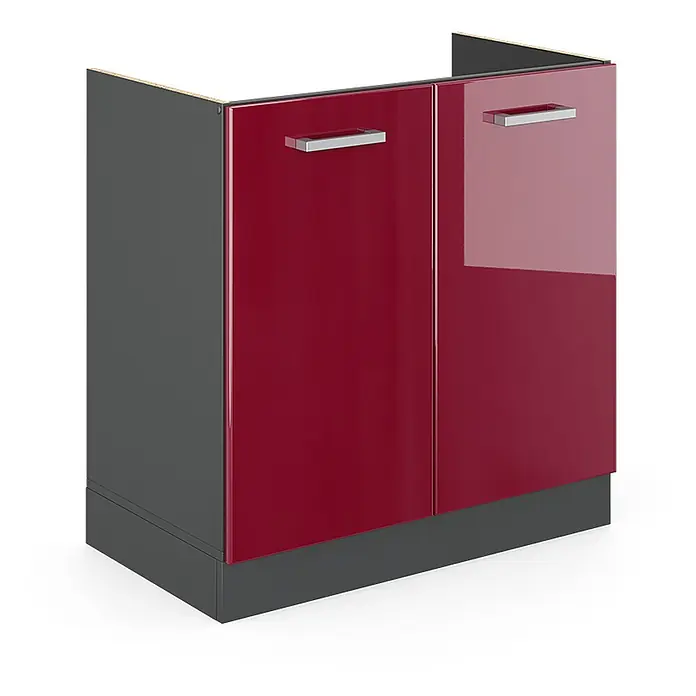 Vicco Schrankküche R-Line Rot Hochglanz ohne Arbeitsplatte - Rot Hochglanz, Spülenunterschrank 80 cm - Zweitüriger Unterschrank mit dunkelgrauem Korpus und hochglänzenden roten Türen mit silbernen Griffen.