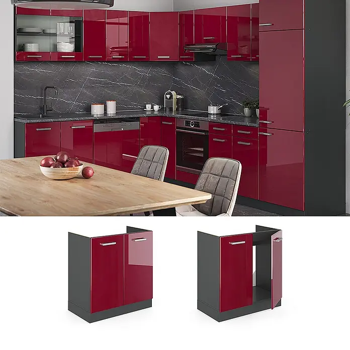 Vicco Schrankküche R-Line Rot Hochglanz AP Marmor - Rot Hochglanz, Spülenunterschrank 80 cm, AP Marmor - Hochglänzende rote Küchenschränke in modernem Ambiente mit dunklen Arbeitsplatten. Modulare Unterschränke separat dargestellt.