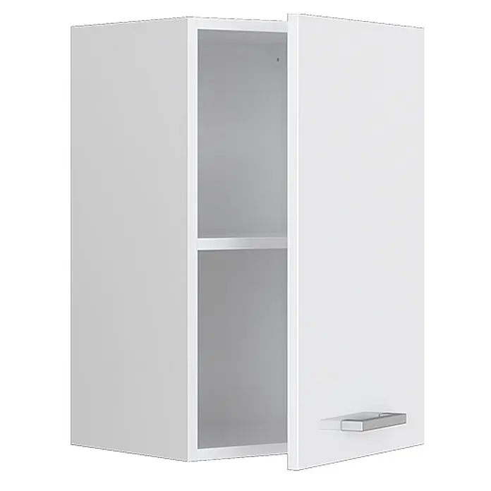 Vicco Schrankküche R-Line Weiß Hochglanz - Weiß Hochglanz, Hängeschrank 40 cm - Weißer Wandschrank mit offener Tür, einem Regal im Inneren und einem silbernen Griff.