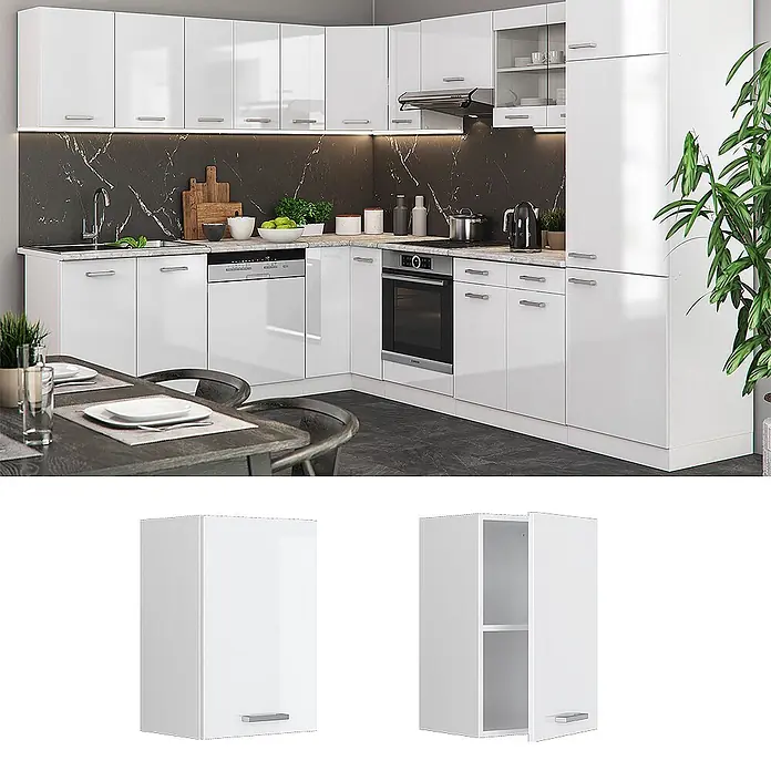Vicco Schrankküche R-Line Weiß Hochglanz - Weiß Hochglanz, Hängeschrank 40 cm - Moderne weiße Hochglanz-Küchenzeile mit integrierten Geräten und viel Stauraum.