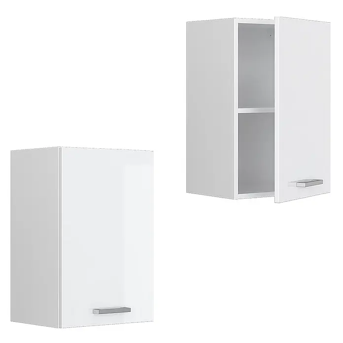 Vicco Schrankküche R-Line Weiß Hochglanz - Weiß Hochglanz, Hängeschrank 40 cm - Zwei weiße Hängeschränke, einer geschlossen und einer offen mit Regalbrett, beide mit silbernen Griffen.