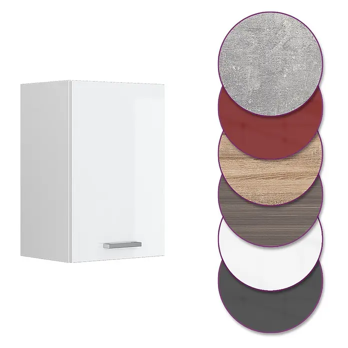 Vicco Schrankküche R-Line Weiß Hochglanz - Weiß Hochglanz, Hängeschrank 40 cm - Weißer Wandschrank mit Griff, daneben Muster von verschiedenen verfügbaren Oberflächen.