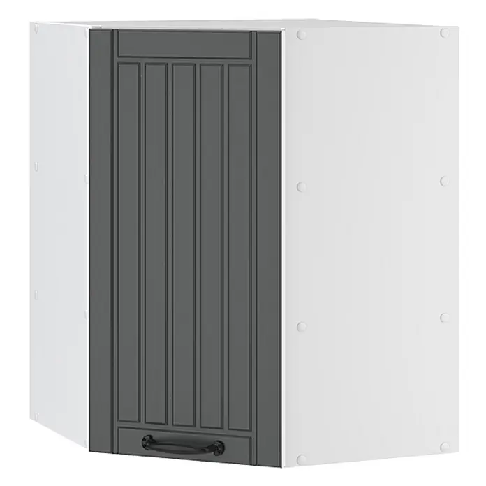 Vicco Schrankküche Fame-Line Anthrazit Landhaus - Anthrazit Landhaus, Eckhängeschrank 57 cm - Weißer Eckschrank mit einer dunkelgrauen, gerillten Tür und einem dunklen Griff.