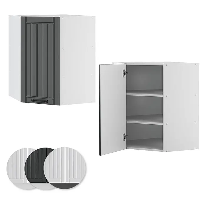Vicco Schrankküche Fame-Line Anthrazit Landhaus - Anthrazit Landhaus, Eckhängeschrank 57 cm - Zwei weiße Küchenschränke. Ein Eckschrank mit dunkler Tür, einer mit geöffneten weißen Türen und Regalen. Farboptionen abgebildet.