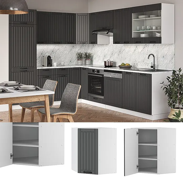 Vicco Schrankküche Fame-Line Anthrazit Landhaus - Anthrazit Landhaus, Eckhängeschrank 57 cm - Modernes dunkelgraues gerilltes Küchenschrank-Set mit weißen Arbeitsplatten und Eckschränken, L-förmig angeordnet.