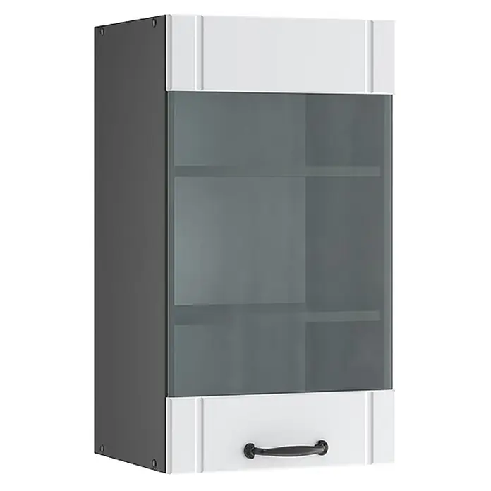 Vicco Schrankküche Fame-Line Weiß Landhaus - Weiß Landhaus, Hängeglasschrank 40 cm - Wandschrank mit dunkelgrauen Seiten, weißen Ober- und Unterblenden, einer Glasfront mit sichtbaren Regalböden und einem schwarzen Griff.