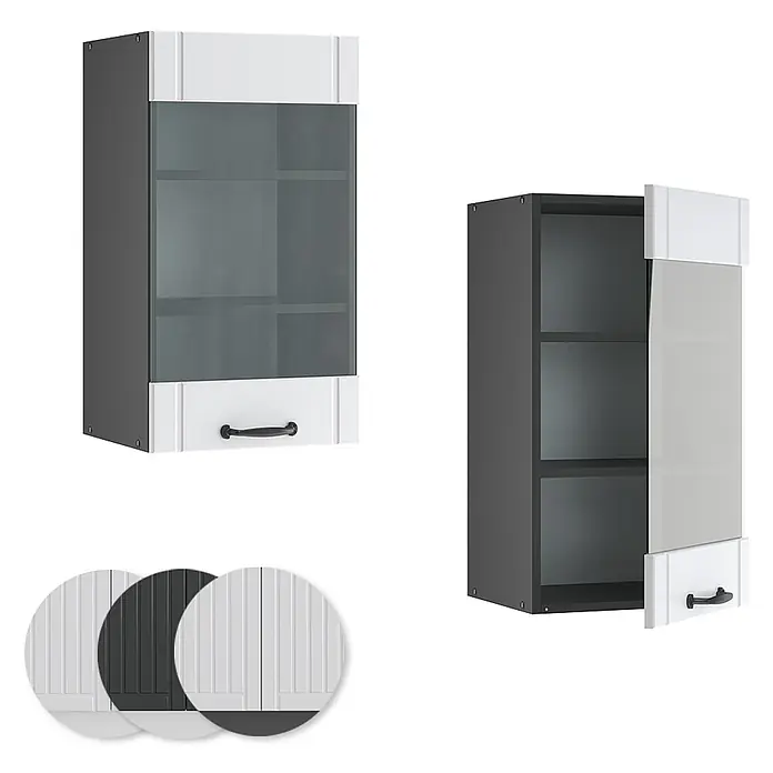 Vicco Schrankküche Fame-Line Weiß Landhaus - Weiß Landhaus, Hängeglasschrank 40 cm - Grauer Hängeschrank mit weißen strukturierten Blenden, Glastür und schwarzem Griff. Geöffnet und mit Designoptionen für Blenden gezeigt.