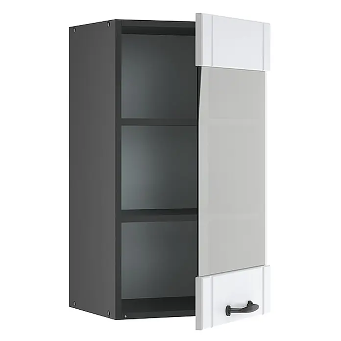 Vicco Schrankküche Fame-Line Weiß Landhaus - Weiß Landhaus, Hängeglasschrank 40 cm - Dunkelgrauer Hängeschrank mit weißer Glastür, leicht geöffnet, zeigt zwei Einlegeböden und einen schwarzen Griff.