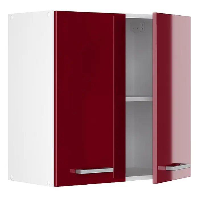 Vicco Schrankküche R-Line Rot Hochglanz - Rot Hochglanz, Hängeschrank 60 cm - Roter und weißer Wandschrank mit glänzenden Türen und silbernen Griffen, eine Tür leicht geöffnet mit Regal.