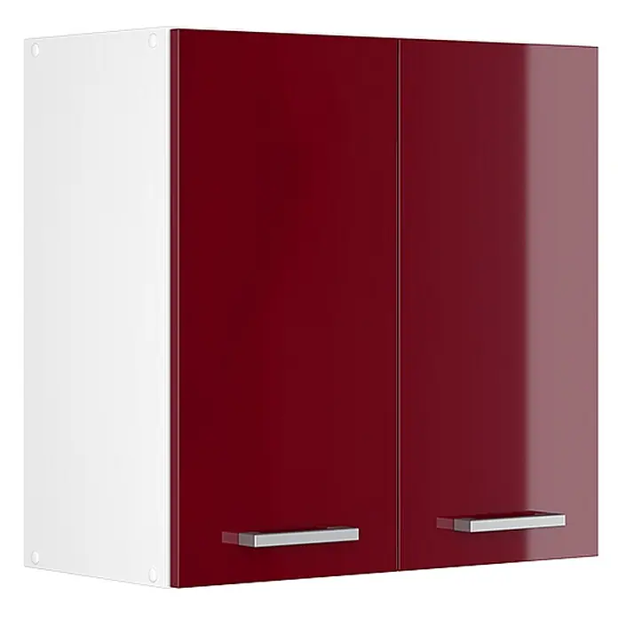 Vicco Schrankküche R-Line Rot Hochglanz - Rot Hochglanz, Hängeschrank 60 cm - Weißer Wandschrank mit zwei glänzend roten Türen und silbernen Griffen.
