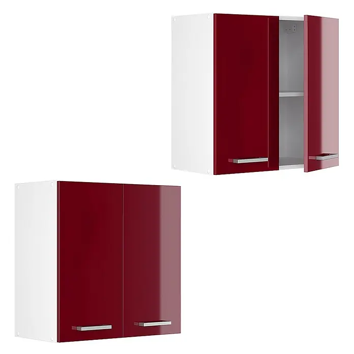 Vicco Schrankküche R-Line Rot Hochglanz - Rot Hochglanz, Hängeschrank 60 cm - Zwei weiße Küchenwandschränke mit glänzenden roten Türen und silbernen Griffen; ein Schrank hat eine offene Tür mit Regal.