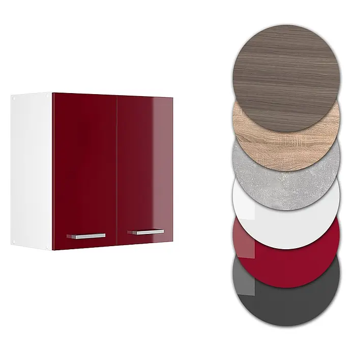 Vicco Schrankküche R-Line Rot Hochglanz - Rot Hochglanz, Hängeschrank 60 cm - Weißer Küchenhängeschrank mit hochglänzenden roten Türen. Daneben Materialmuster: Holz, Beton, Weiß, Rot, Anthrazit.