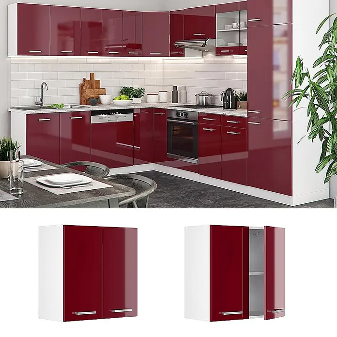 Vicco Schrankküche R-Line Rot Hochglanz - Rot Hochglanz, Hängeschrank 60 cm - Moderne L-förmige Küche mit hochglänzenden roten Schränken, weißen Seitenwänden und integrierten Geräten.