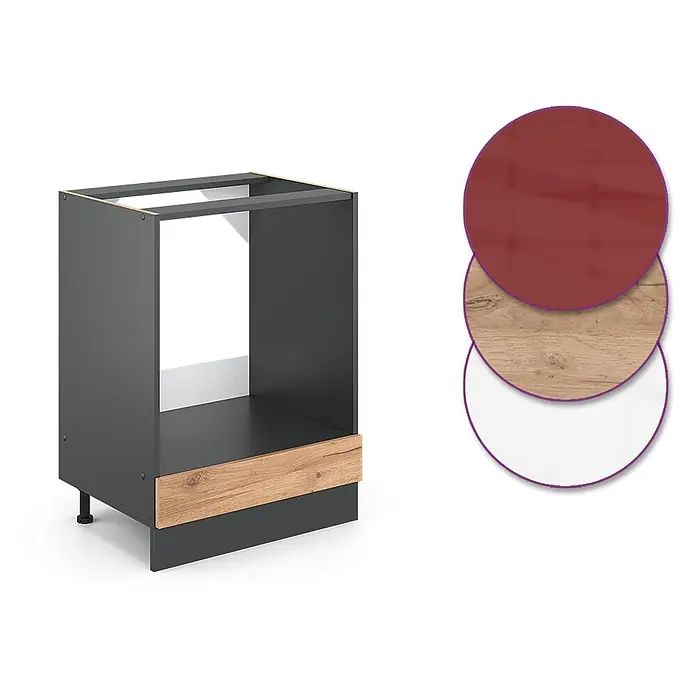 Vicco Schrankküche R-Line Goldkraft Eiche, AP Anthrazit - Goldkraft Eiche, Herdumbauschrank 60 cm, AP Anthrazit - Dunkelgrauer Küchenunterschrankrahmen mit Holzsockel. Inklusive Farbmuster: Dunkelrot, Holzmaserung, Weiß.