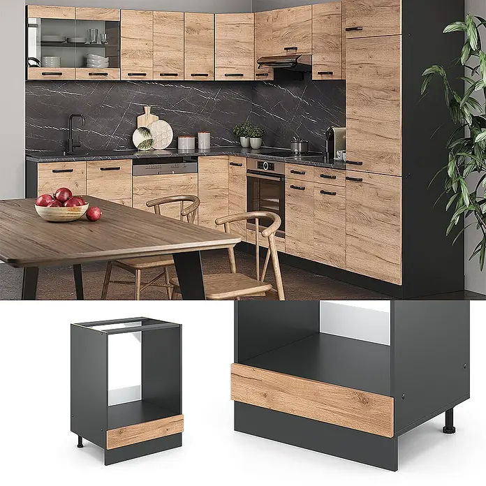 Vicco Schrankküche R-Line Goldkraft Eiche, AP Anthrazit - Goldkraft Eiche, Herdumbauschrank 60 cm, AP Anthrazit - Moderne Küchenmöbel in Holzoptik und Dunkelgrau. Detail zeigt einen dunkelgrauen Ofenunterschrank mit Holzschublade.