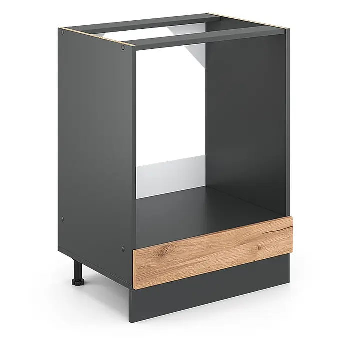 Vicco Schrankküche R-Line Goldkraft Eiche ohne Arbeitsplatte - Goldkraft Eiche, Herdumbauschrank 60 cm - Dunkelgrauer Unterschrank mit offener Oberseite und heller Holzoptik-Sockelblende. Ein verstellbarer Fuß ist sichtbar.