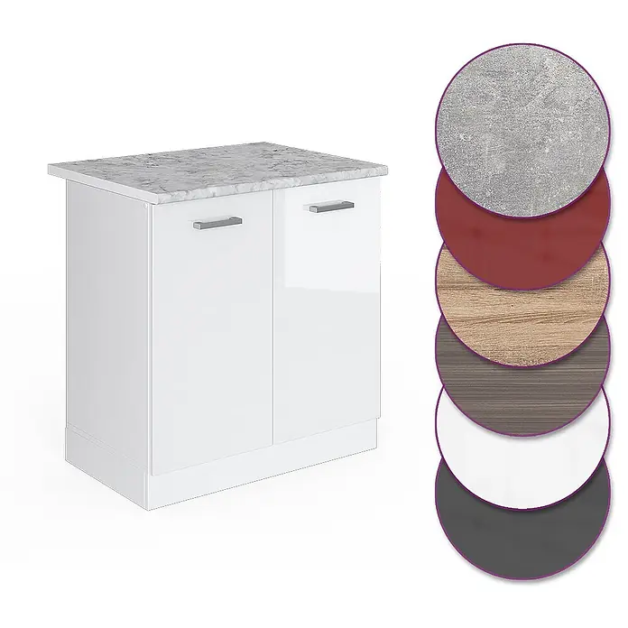 Vicco Schrankküche R-Line Weiß Hochglanz, AP Marmor - Weiß Hochglanz, Spülenunterschrank 80 cm - Weißer zweitüriger Unterschrank mit Marmor-Arbeitsplatte. Farb-/Materialmuster sind abgebildet.