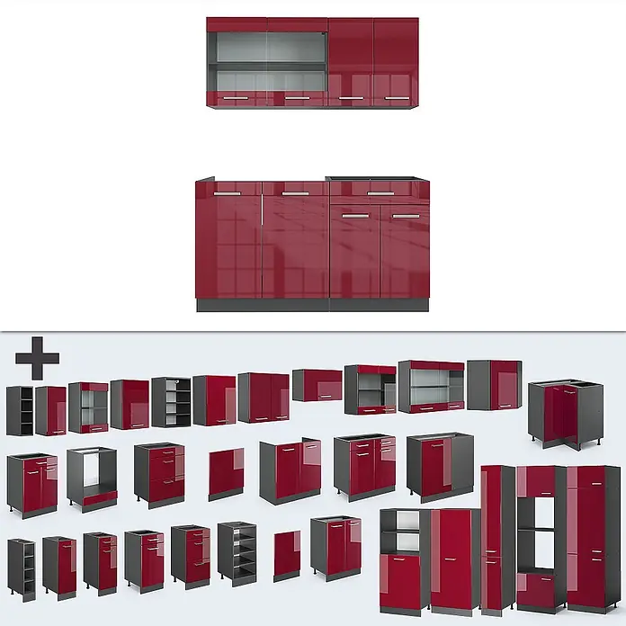 Vicco Singleküche R-Line Rot Hochglanz/Anthrazit ohne Arbeitsplatte - Rot Hochglanz, Ohne AP - Modulares Küchenschranksystem mit glänzend roten Fronten und grauen Korpus. Diverse Ober-, Unter- und Hochschränke für individuelle Planung.