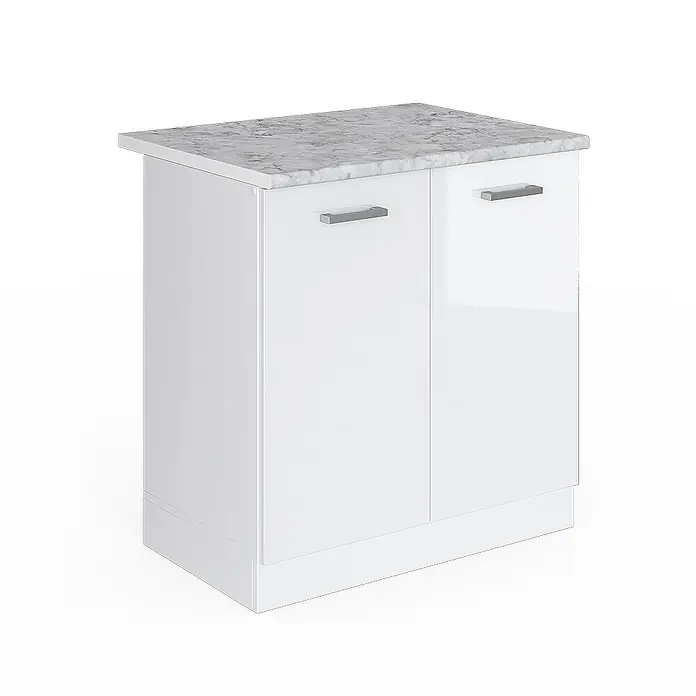 Vicco Schrankküche R-Line Weiß Hochglanz, AP Marmor - Weiß Hochglanz, Spülenunterschrank 80 cm - Weißer Hochglanz-Unterschrank mit zwei Türen und silbernen Griffen, mit grauer Marmor-Arbeitsplatte.