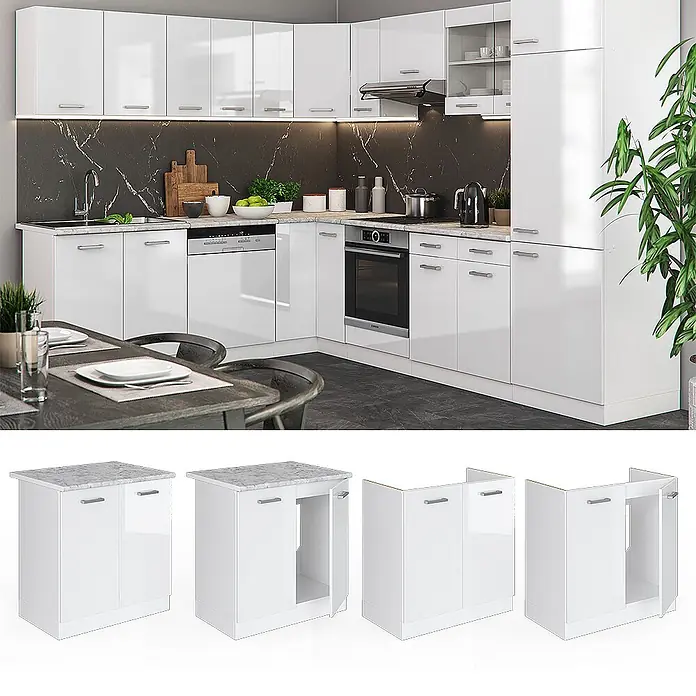 Vicco Schrankküche R-Line Weiß Hochglanz, AP Marmor - Weiß Hochglanz, Spülenunterschrank 80 cm - Weißes Hochglanz-Modulküchenschrank-Set in einer modernen Küche.