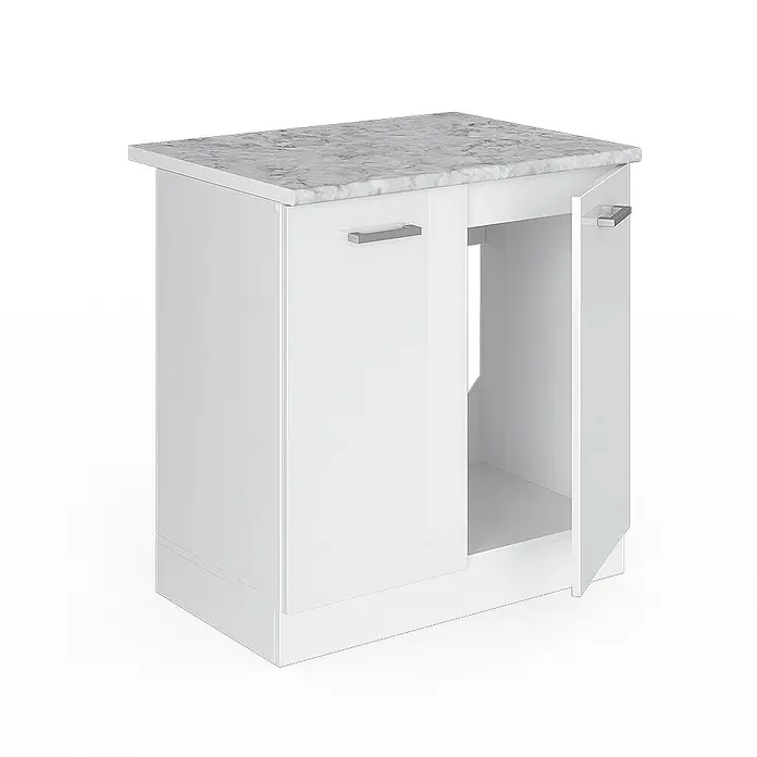 Vicco Schrankküche R-Line Weiß Hochglanz, AP Marmor - Weiß Hochglanz, Spülenunterschrank 80 cm - Weißer Hochglanzschrank mit Marmoroptik-Platte und silbernen Griffen, eine Tür geöffnet.