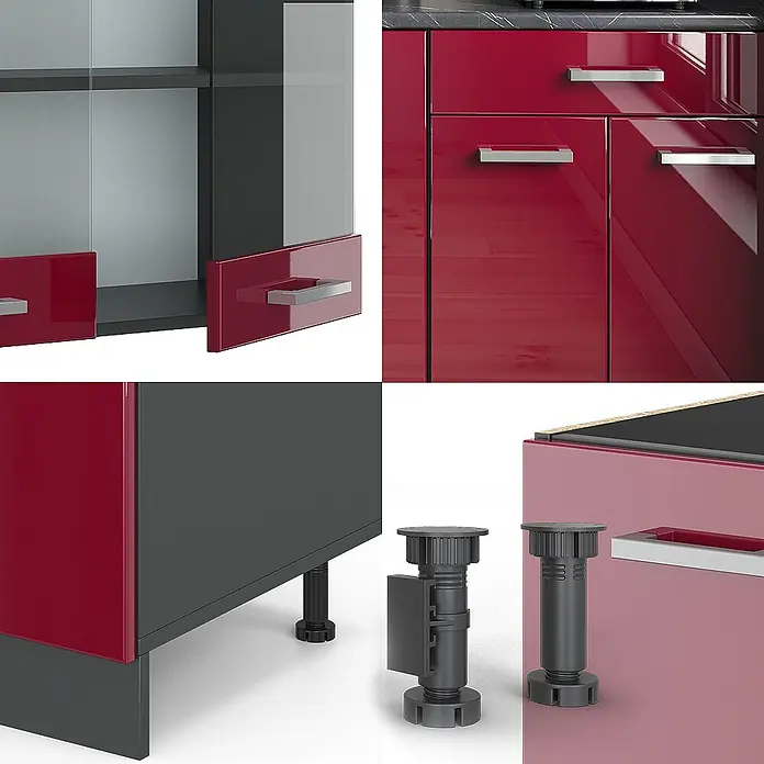 Vicco Singleküche R-Line Rot Hochglanz/Anthrazit ohne Arbeitsplatte - Rot Hochglanz, Ohne AP - Modulare Küchen-/Schrankelemente: rote Hochglanzfronten, dunkelgraue Korpusse, silberne Griffe und schwarze Stellfüße.
