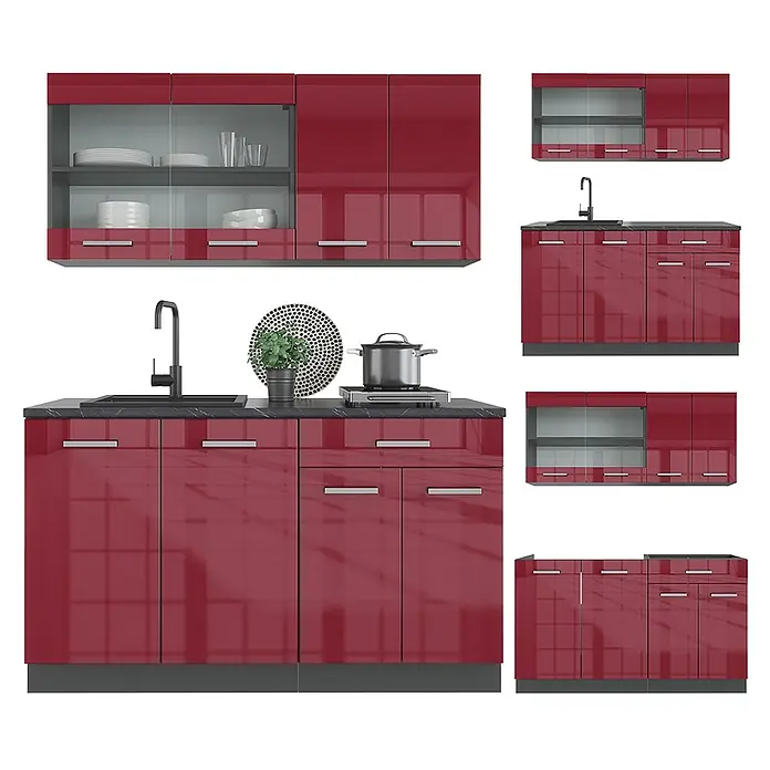 Vicco Singleküche R-Line Rot Hochglanz/Anthrazit ohne Arbeitsplatte - Rot Hochglanz, Ohne AP - Glänzendes rotes Modulküchenset mit dunklen Arbeitsplatten, Oberschränken, Unterschränken, Spüle und Kochfeld.