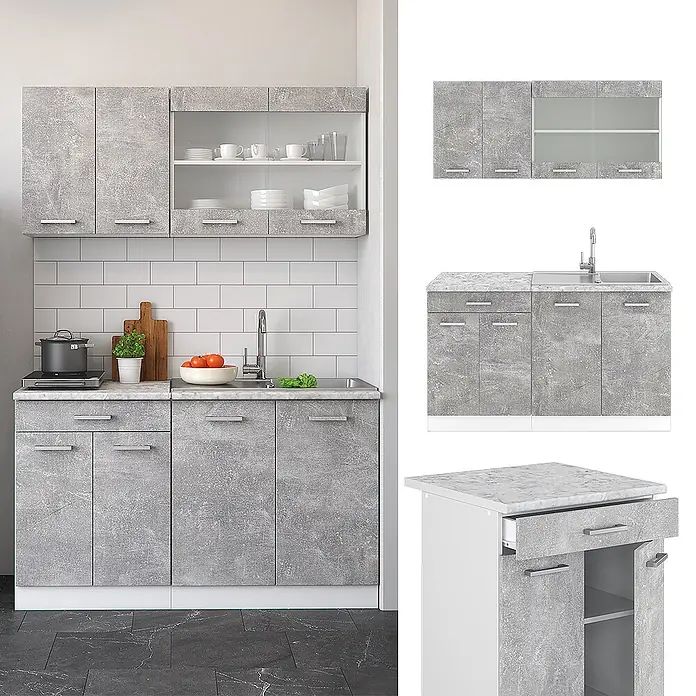 Vicco Singleküche R-Line Beton/Weiß, AP Anthrazit - Beton, Mit AP Anthrazit - Modernes Küchenschrank-Set in Betonoptik mit Oberschränken, Unterschränken, Spüle und Schubladen.