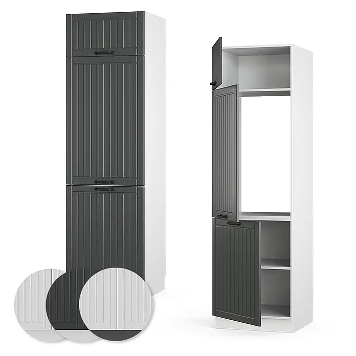 Vicco Schrankküche Fame-Line Anthrazit Landhaus - Dunkelgrau, Kühlumbauschrank 60 cm - Hohe, dunkelgraue Küchenschränke mit geriffelten Türen und weißen Rahmen. Eine Einheit ist offen, zeigt weiße Regale. Farbmuster für weiße, hellgraue und dunkelgraue Türen.