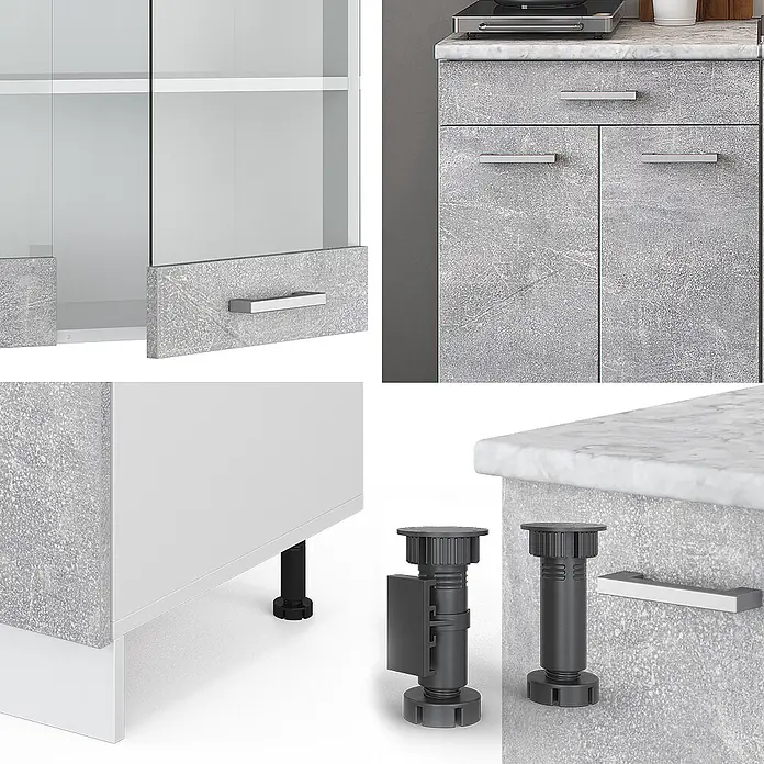 Vicco Singleküche R-Line Beton/Weiß, AP Anthrazit - Beton, Mit AP Anthrazit - Modulare Küchenschränke in grauem Beton-Look, mit Glastüren, silbernen Griffen und verstellbaren schwarzen Füßen.