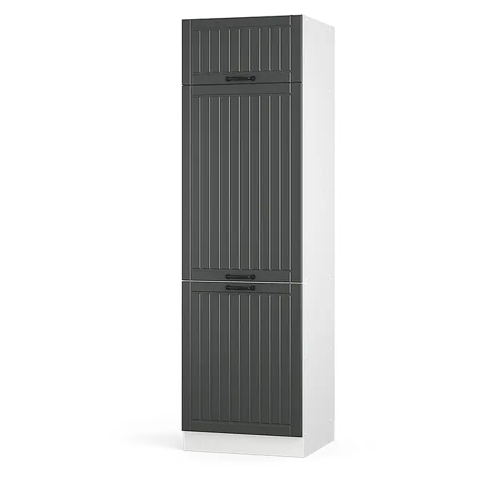Vicco Schrankküche Fame-Line Anthrazit Landhaus - Dunkelgrau, Kühlumbauschrank 60 cm - Hoher dunkelgrauer Schrank mit geriffelten Türen, schwarzen Griffen und weißen Seitenwänden.