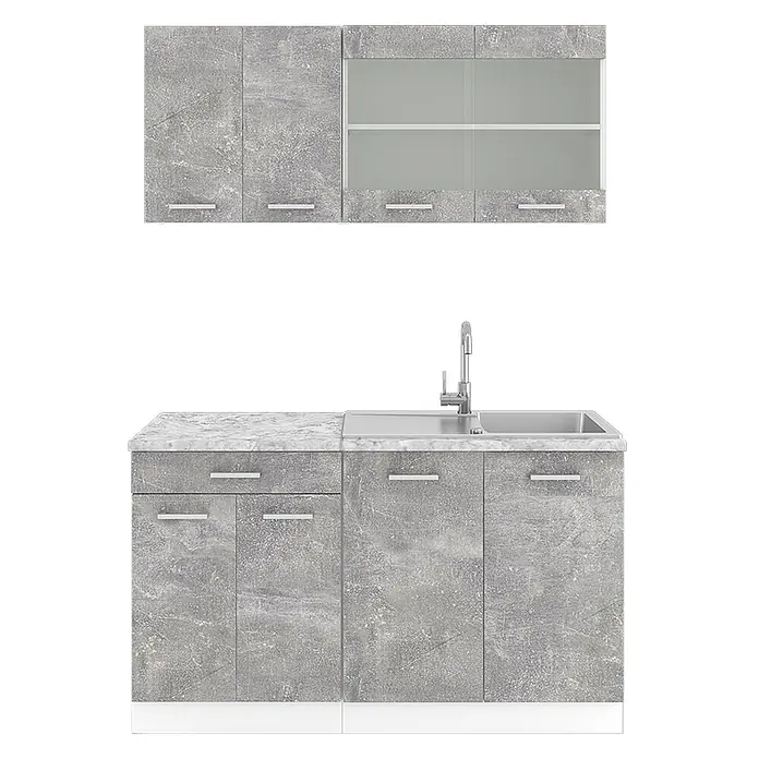 Vicco Singleküche R-Line, Beton, 140 cm -  - Graue Küchenzeile im Beton-Look mit weißer Marmorplatte, Spüle, Armatur und Ober-/Unterschränken.