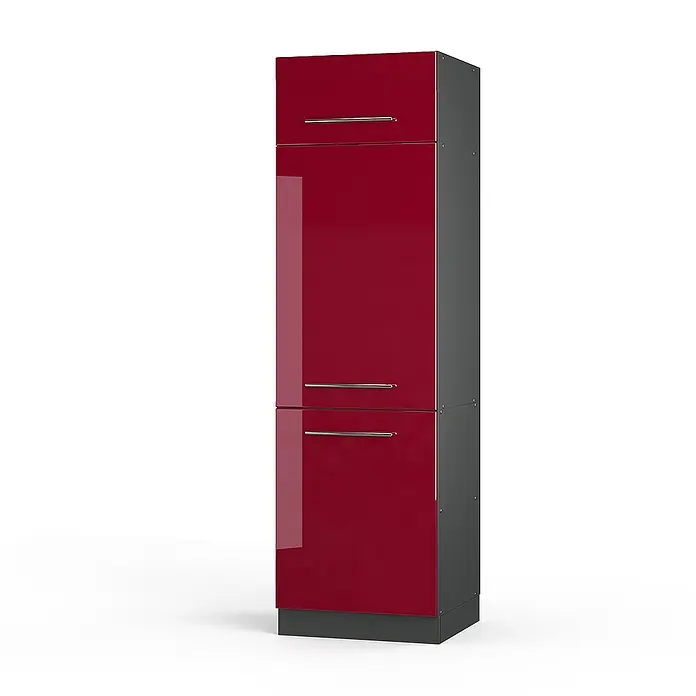 Vicco Schrankküche Fame-Line Bordeaux Hochglanz - Bordeaux Hochglanz, Kühlumbauschrank 60 cm - Hoher Küchenschrank mit glänzenden roten Türen, dunkelgrauen Seiten und silbernen Griffen.