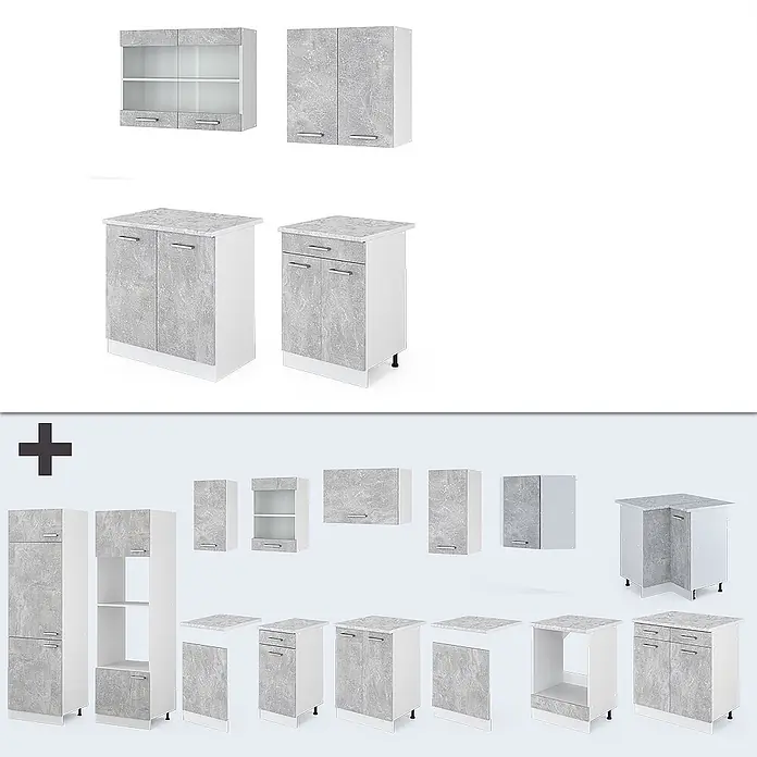Vicco Singleküche R-Line Beton/Weiß, AP Anthrazit - Beton, Mit AP Anthrazit - Graue Küchenschränke in Betonoptik mit weißen Rahmen, als Ober-, Unter- und Hochschränke.