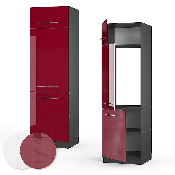 Vicco Schrankküche Fame-Line Bordeaux Hochglanz - Bordeaux Hochglanz, Kühlumbauschrank 60 cm - Hoher rot-dunkelgrauer Schrank mit glänzenden roten Türen und silbernen Griffen, geschlossen und offen mit Innenablagen gezeigt.
