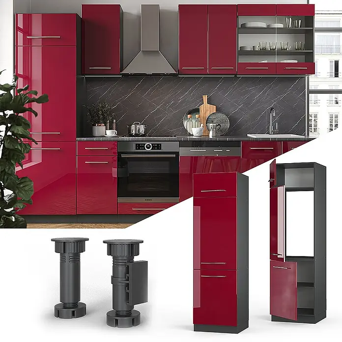 Vicco Schrankküche Fame-Line Bordeaux Hochglanz - Bordeaux Hochglanz, Kühlumbauschrank 60 cm - Rote Hochglanz-Küchenschränke in verschiedenen Konfigurationen, inklusive integrierter Geräte und modularer Einheiten, mit verstellbaren Füßen.