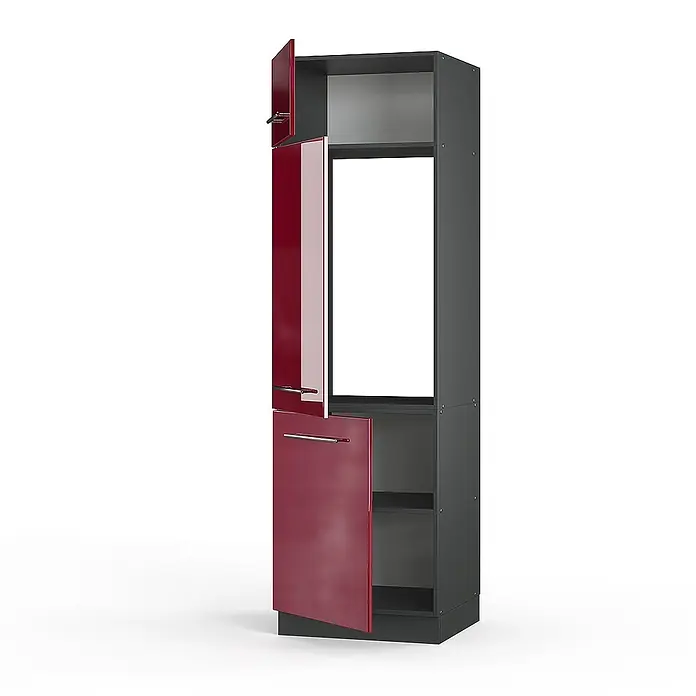 Vicco Schrankküche Fame-Line Bordeaux Hochglanz - Bordeaux Hochglanz, Kühlumbauschrank 60 cm - Hoher dunkelgrauer Küchenschrank mit glänzend dunkelroten Türen und silbernen Griffen. Türen offen, zeigen Fächer und Gerätenische.